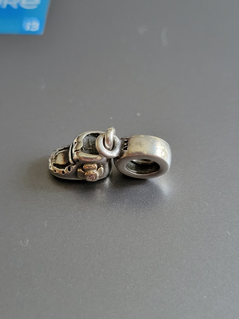 Pandora Silver Baby Shoe Dangle Charm with Gold Accent PINK STONE RARE